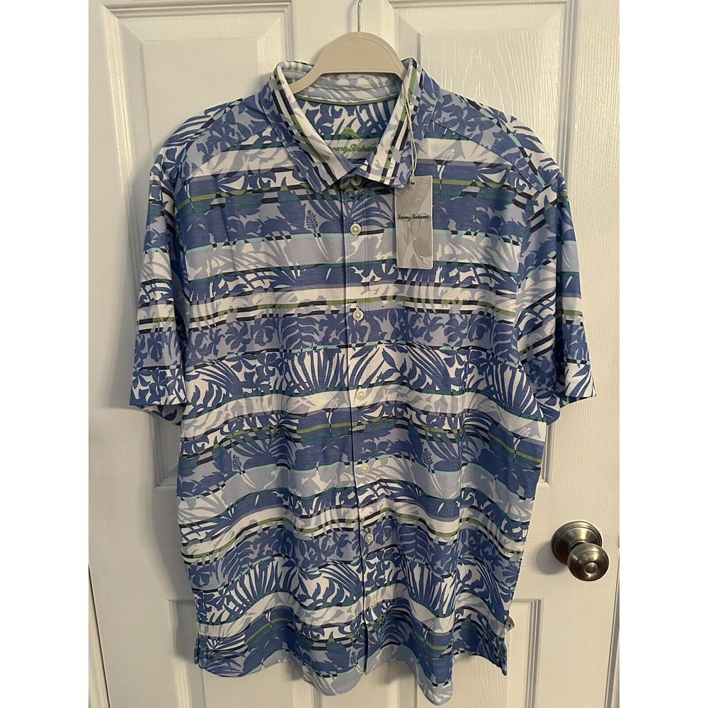 NEW Tommy Bahama Maldonado Stripe Camp Shirt Mens XL Mountain Bluebell Knit $128